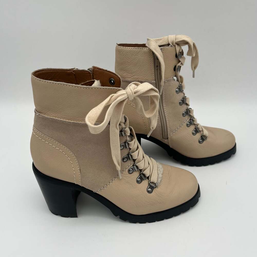 Frye Rare Rayner Ankle chunky Heel Boots Cream Leather Suede hiking 8.5 M